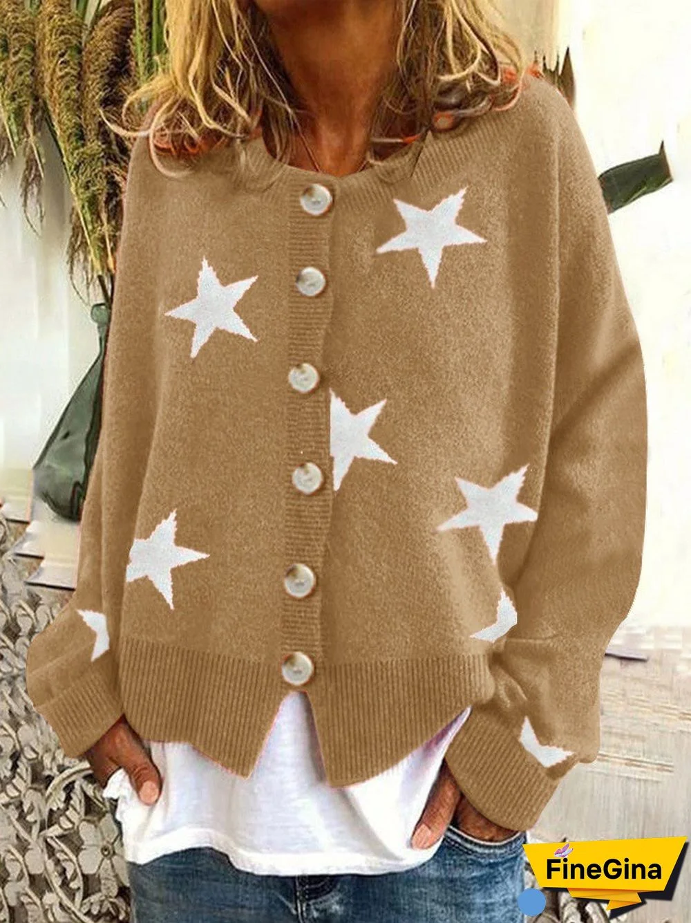 Women's V-neck Star Pattern Embroidery Sweater Cardigan Jacket  Coat