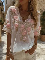 Women's Vintage Boho Roses Embroidered Comfy Linen T Shirt