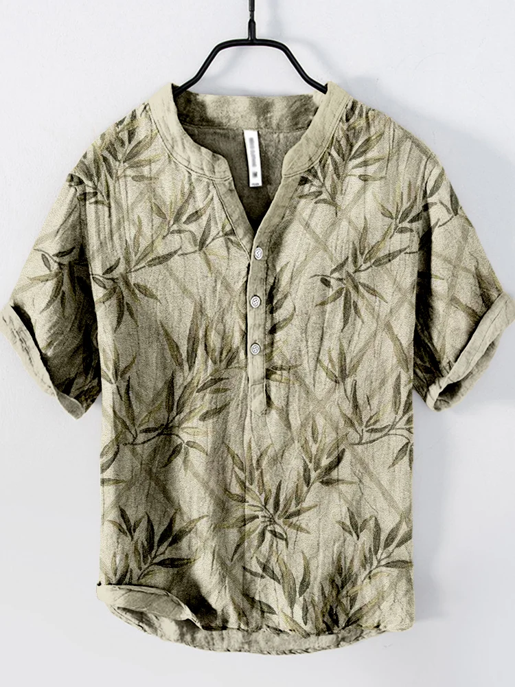 Bamboo Leaves Pattern Linen Blend Comfy Shirt