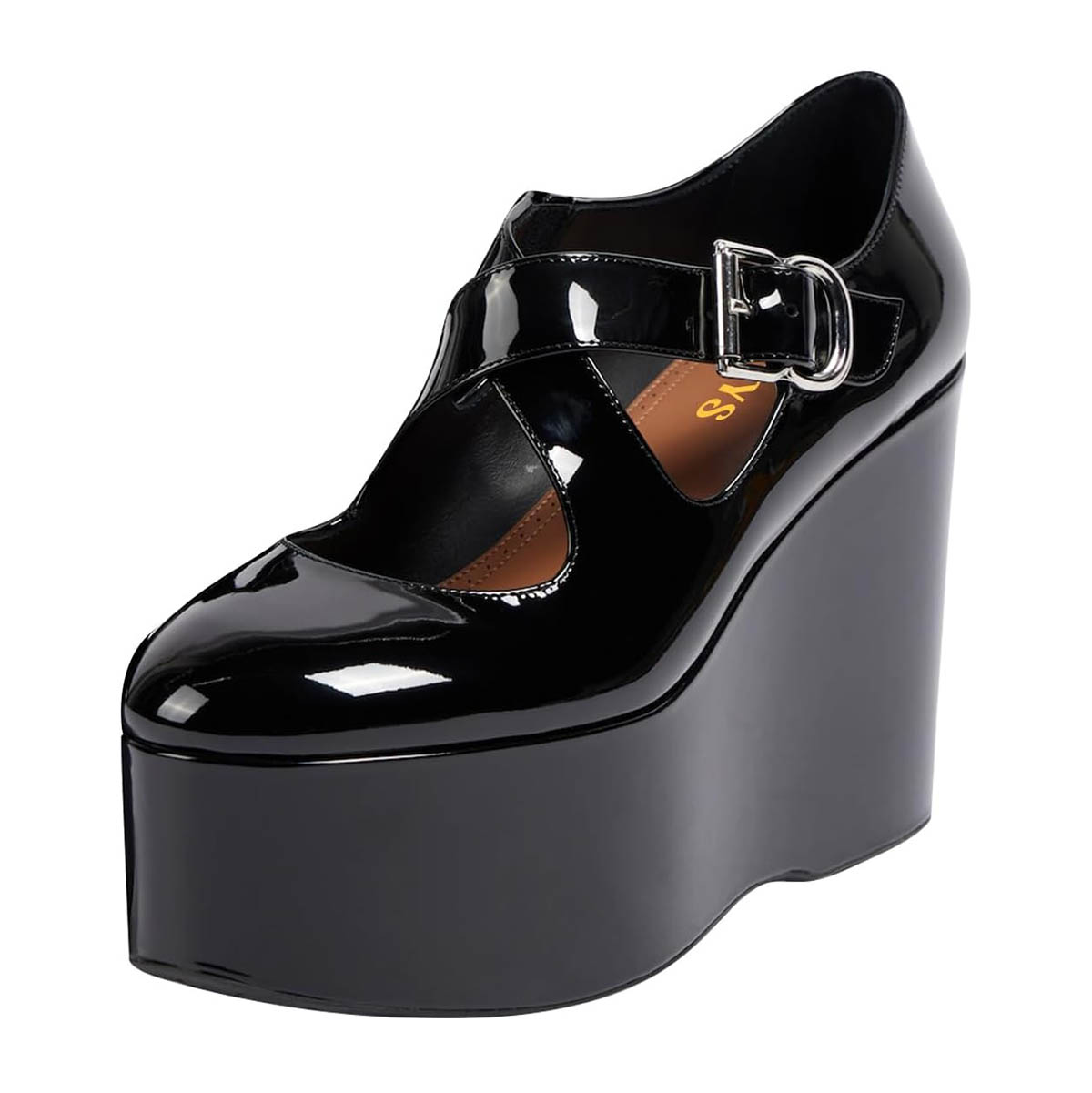 Black Round Toe Crisscross Strap Wedge Heel Platform Mary Janes Nicepairs