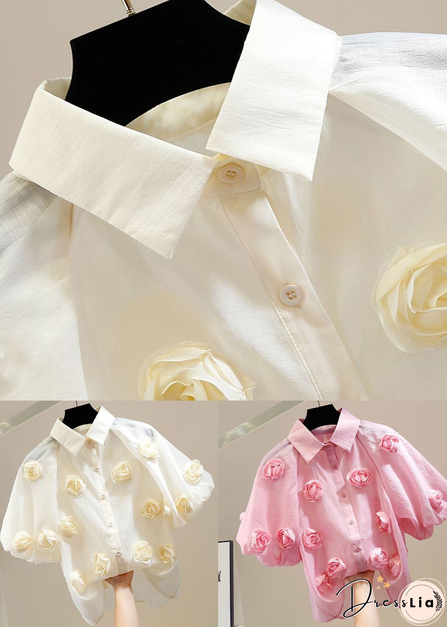 Pink Patchwork Tulle Blouses Peter Pan Collar Floral Decorated Summer