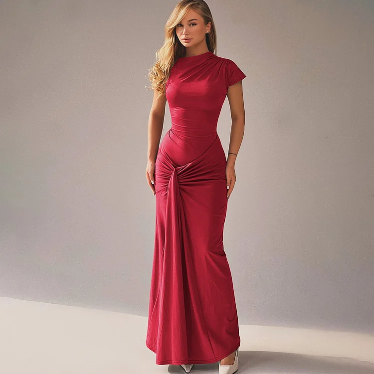 Elegant Slim Fit Pleated Lace-up Short Sleeve Dress