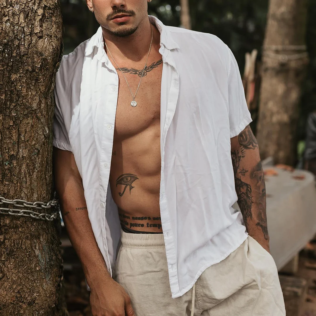 Cotton Summer Vacation Daily Pure White Short Sleeve Shirt-inspireuse