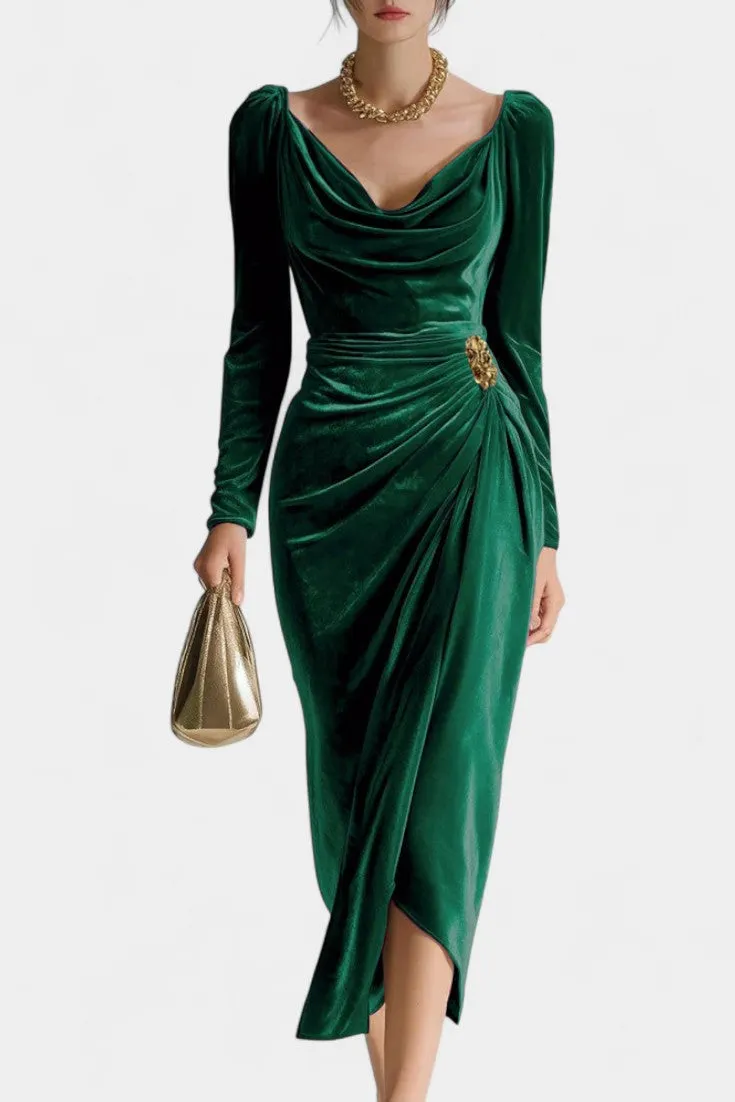 Emerald Velvet Dress with Draped Neckline and Asymmetrical Hem