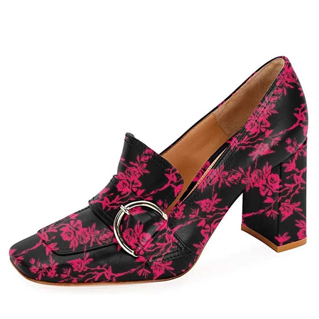 Square Toe Buckle Fuchsia Flower Chunky Heeled Loafers Women