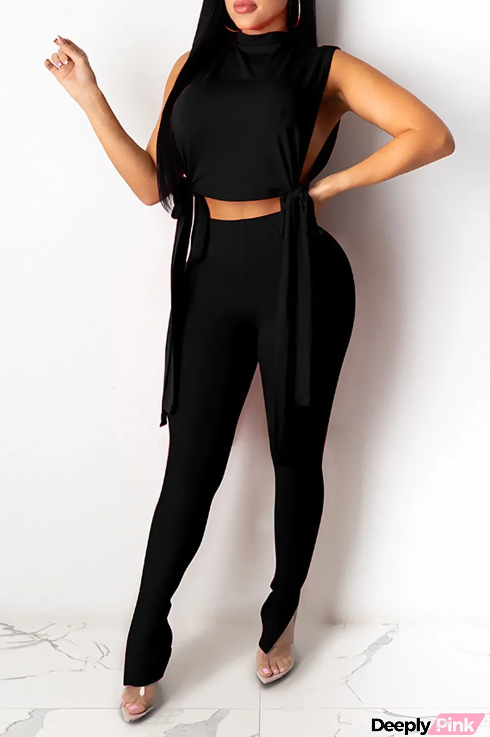 Black Sexy Solid Bandage Split Joint Half A Turtleneck Sleeveless Two Pieces
