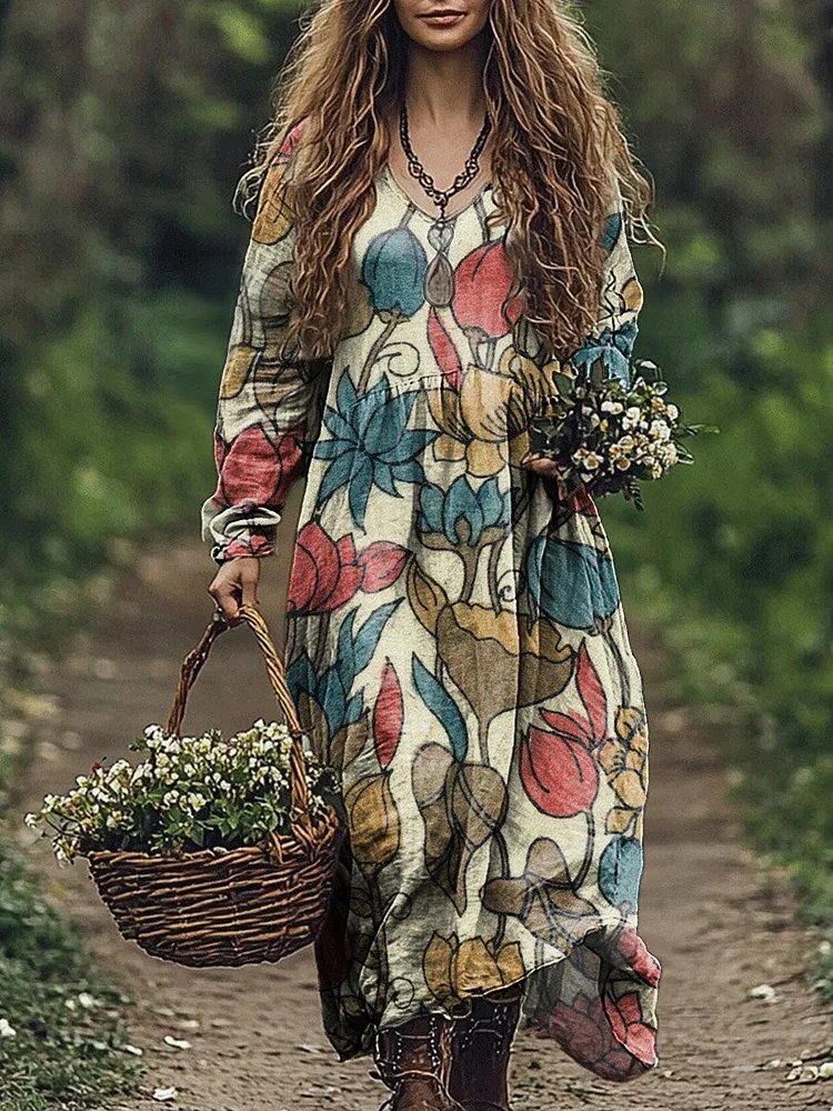 Women's Vintage Flower Print Pocket Cotton Dress