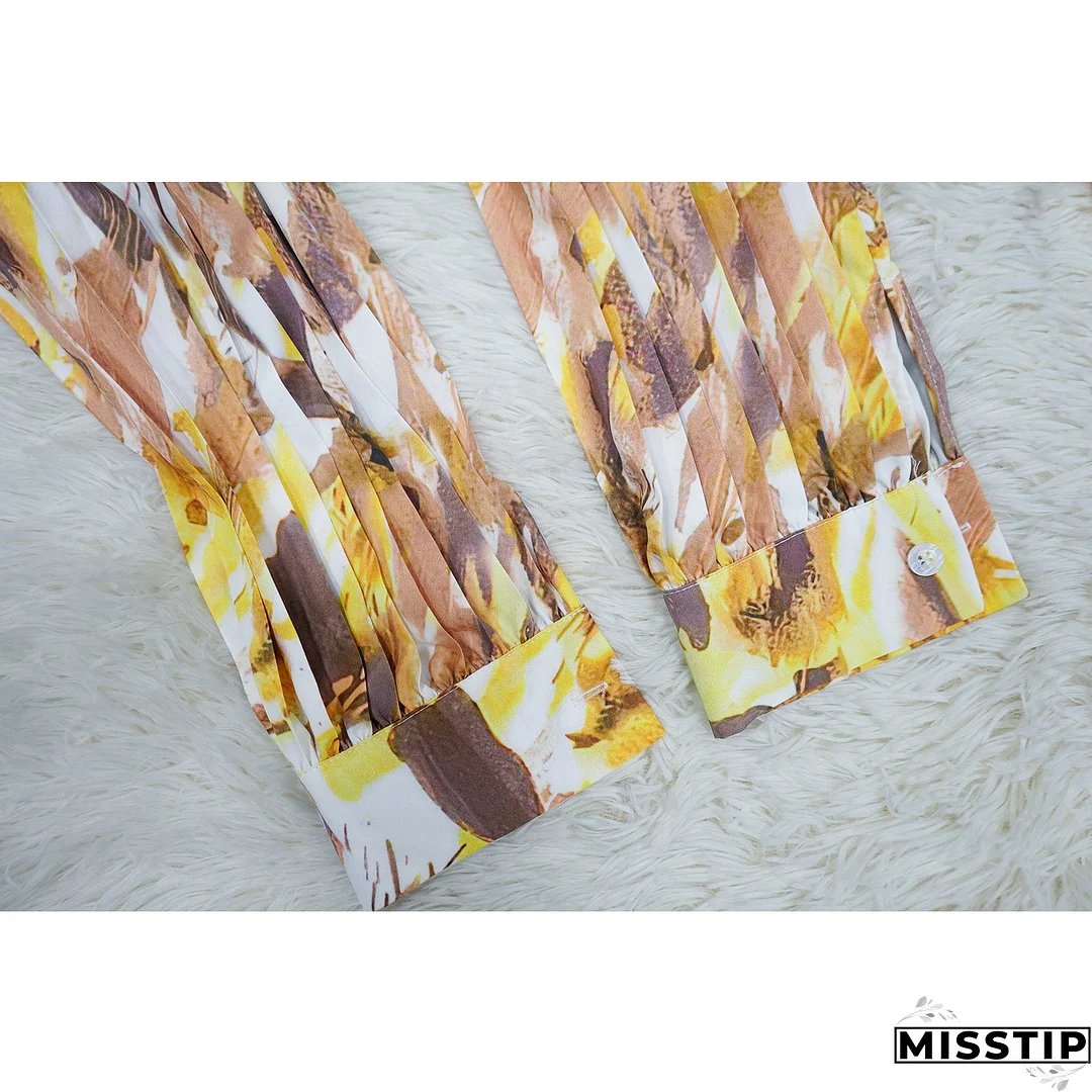 Women Lantern Long Sleeve Top and Wide Leg Pants Printed Casual Two-piece Set