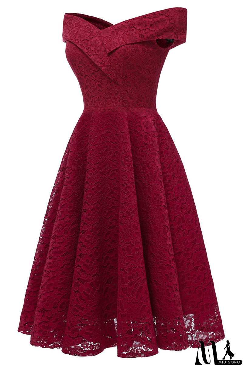 MidiSono - Purple Off-the-shoulder Lace Midi Prom Dress