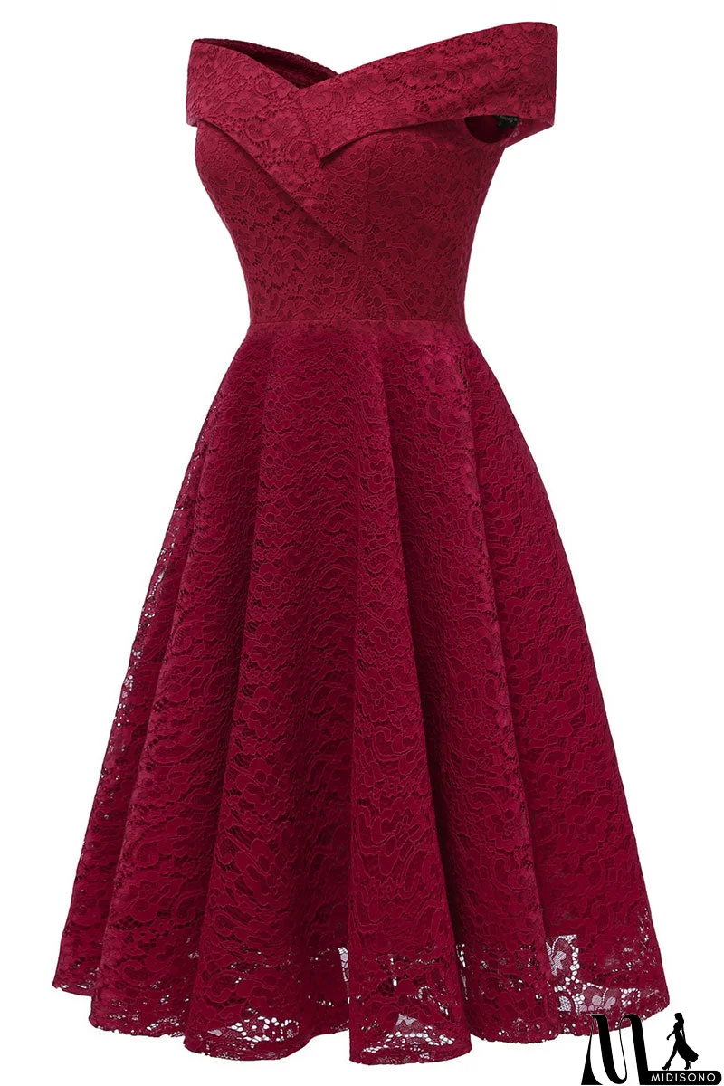 MidiSono - Purple Off-the-shoulder Lace Midi Prom Dress