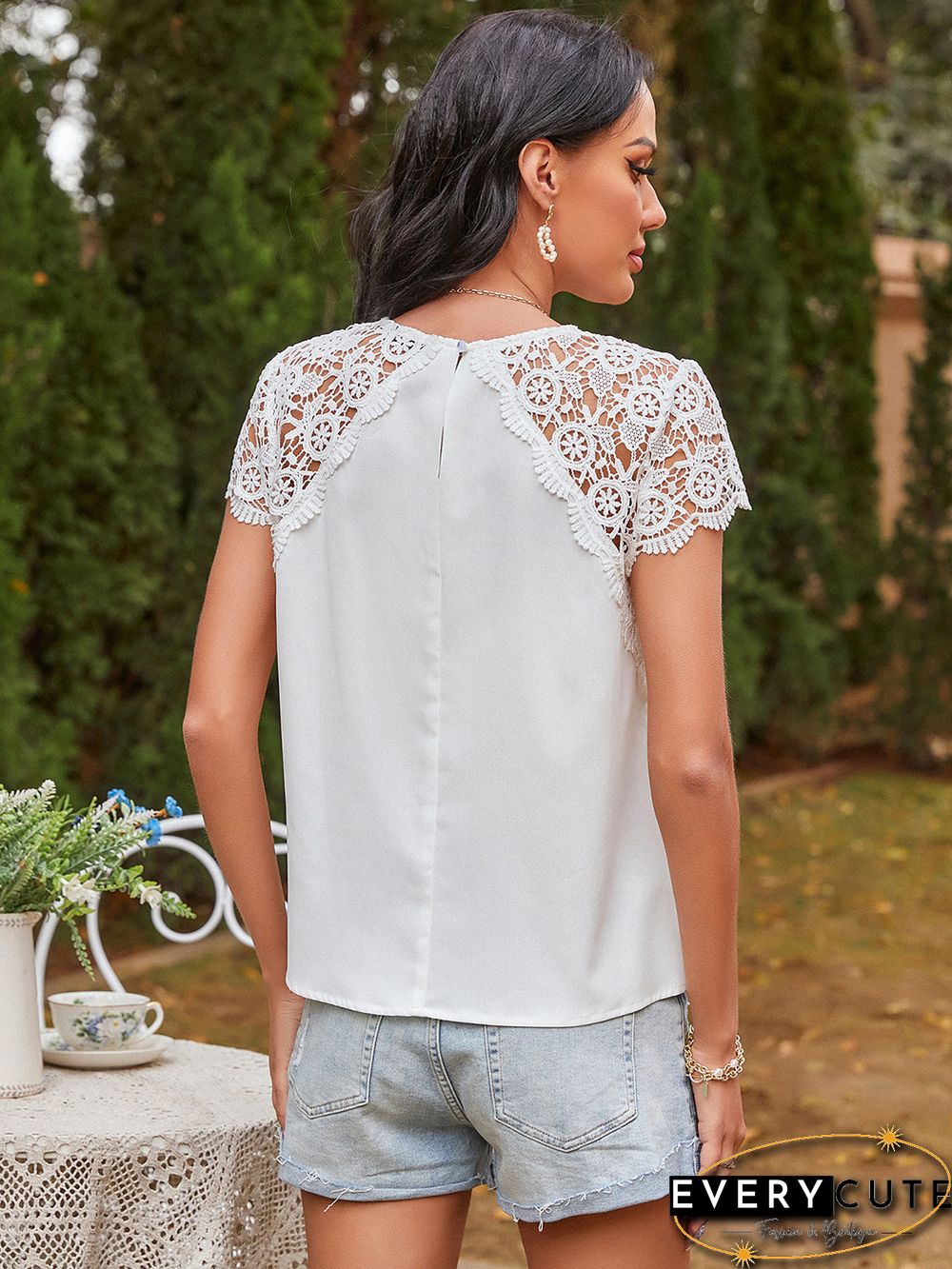 White Hollow Out Shoulder Tops