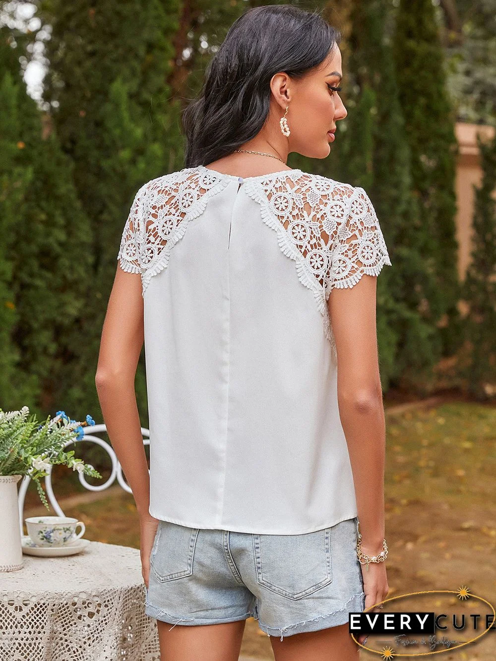 White Hollow Out Shoulder Tops