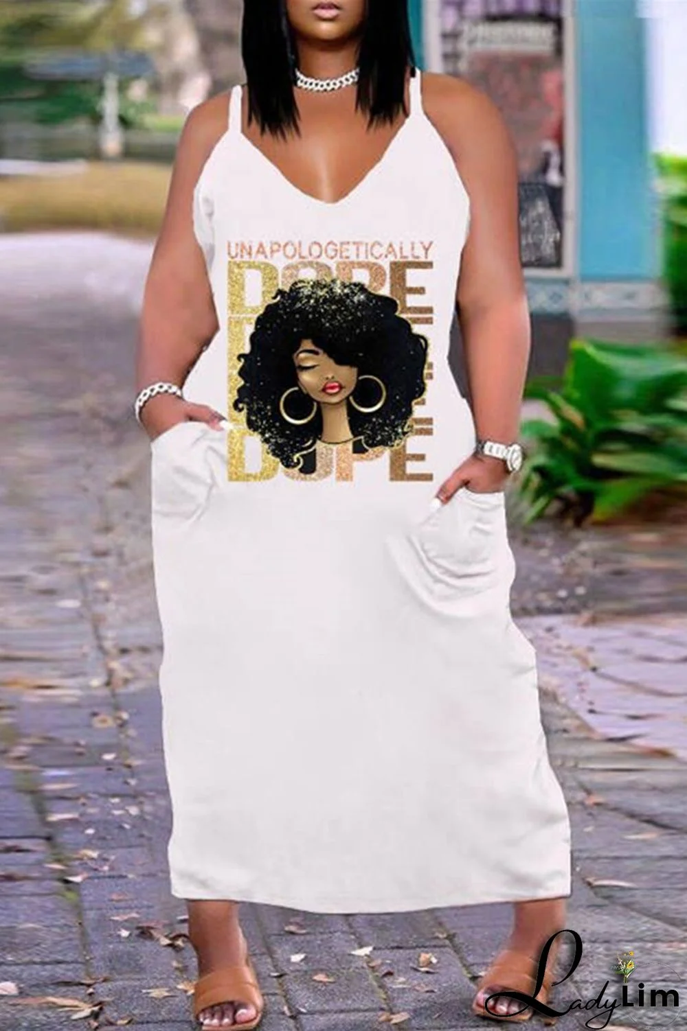 White Orange Sexy Casual Plus Size Print Backless V Neck Sling Dress