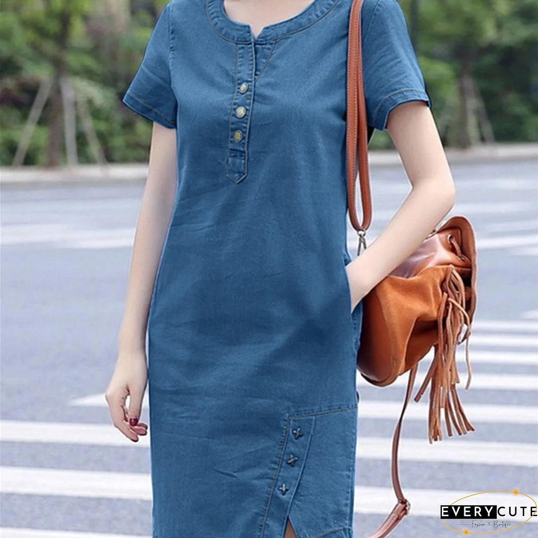 xieyinshe Solid Button Front Slit Dress, Casual Crew Neck Short Sleeve Dress, Women's Clothing