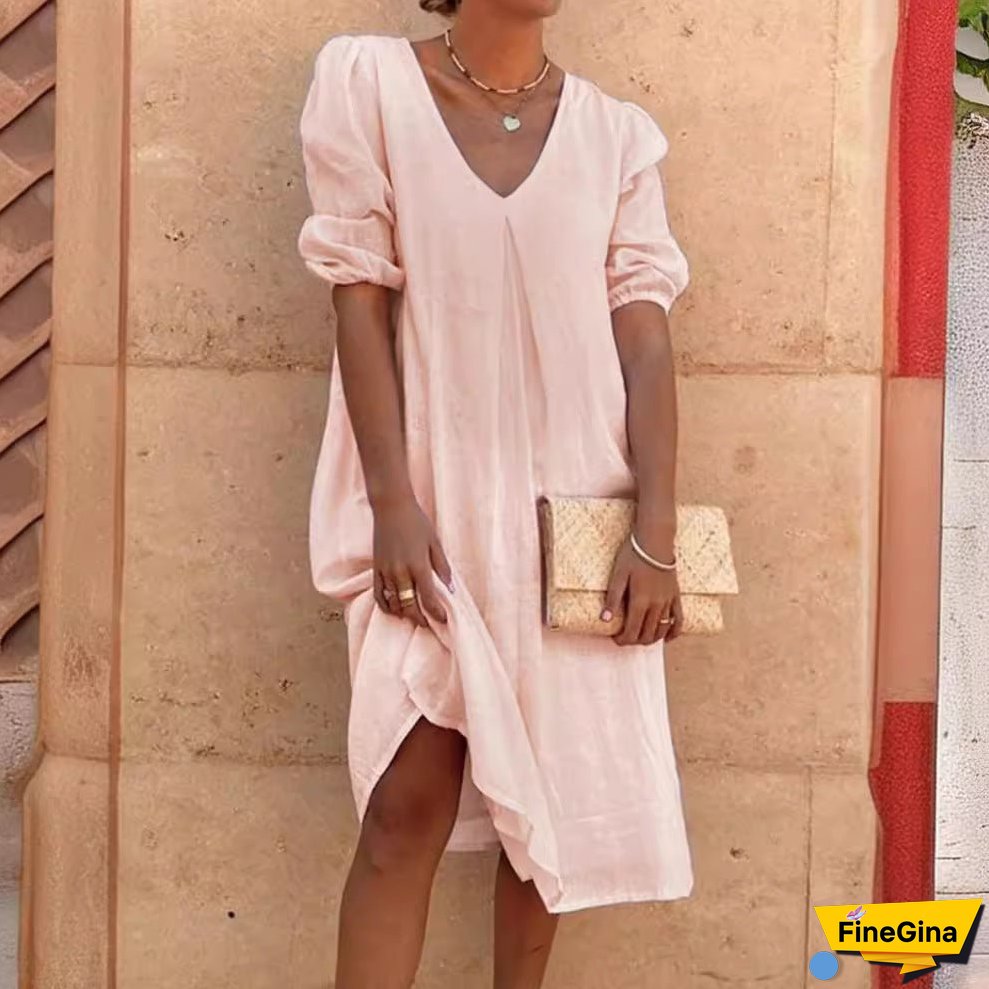 XIEYINSHE Europe and America Cross Border Wish Cotton Linen Solid Color Fashion Medium Long Sleeve Long Casual Mid-Length Dress