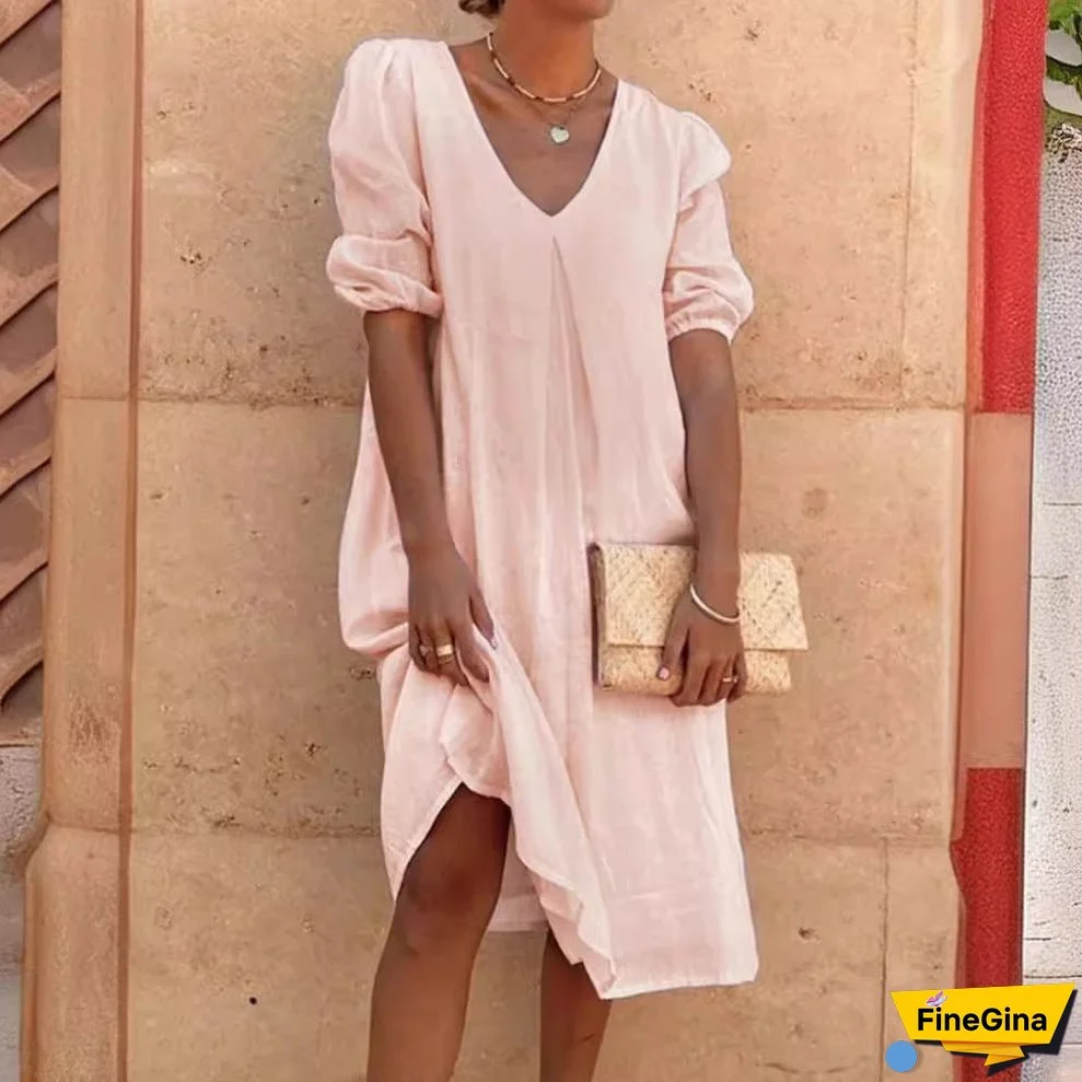 XIEYINSHE Europe and America Cross Border Wish Cotton Linen Solid Color Fashion Medium Long Sleeve Long Casual Mid-Length Dress