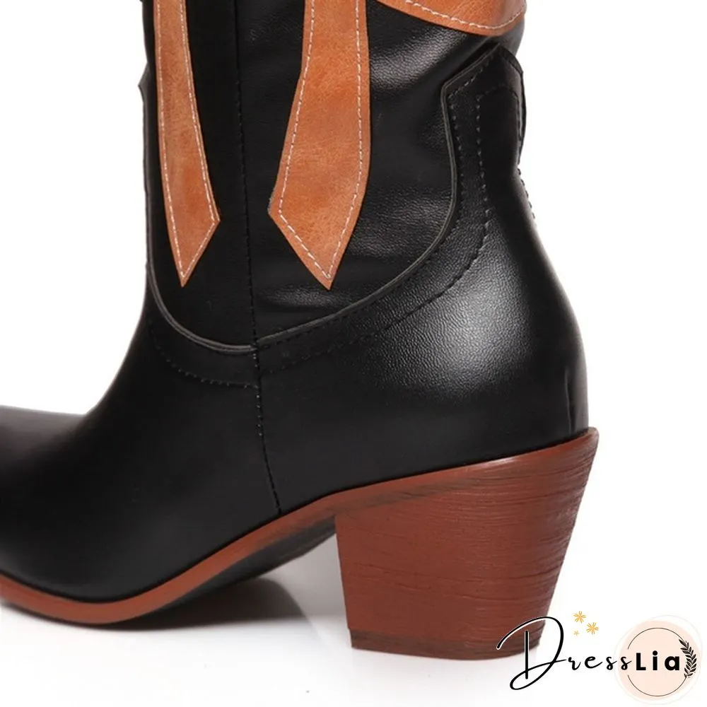 The New Style Western Cowboy Boots For Women Pointy Toe Cowgirl Boots Square Heels Knee High Boots Retro Women Boots