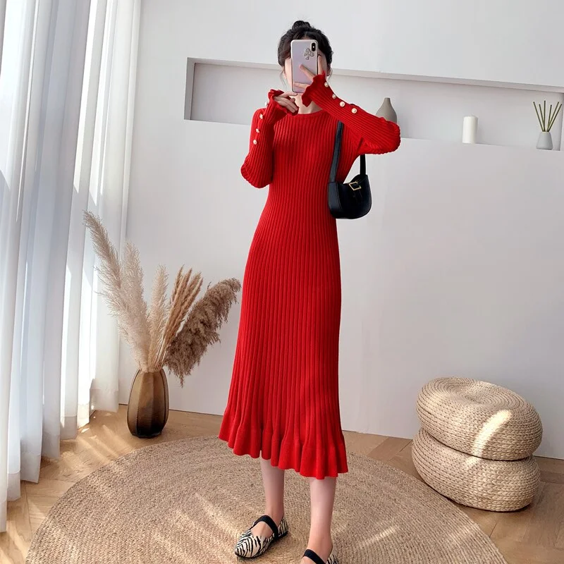 Colourp Winter Elegant Knitted Long Dress for Woman High Waist Black Chic Wool Clothing Female Vestido Mujer Fall 2022 Sweater Dresses