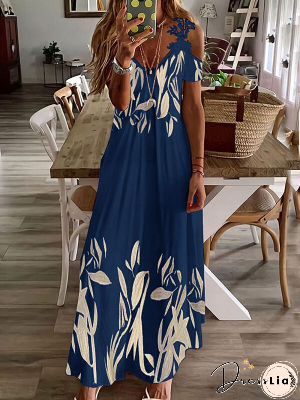 Regular Fit Floral V Neck Long sleeve Knit Dress