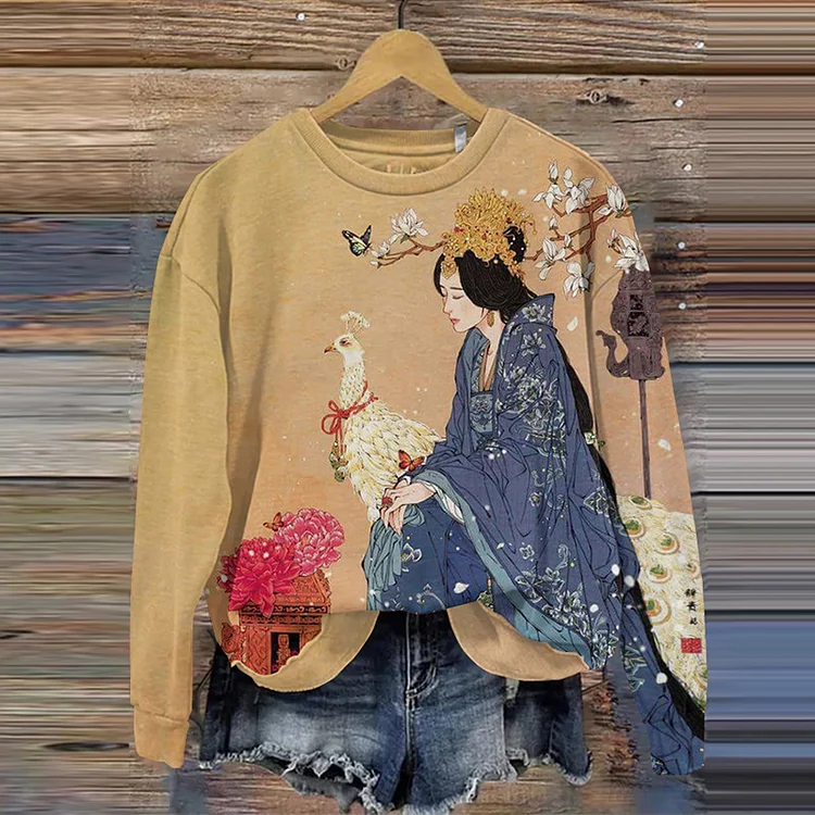 Vintage Japanese Art Geisha Round Neck Casual Sweatshirt