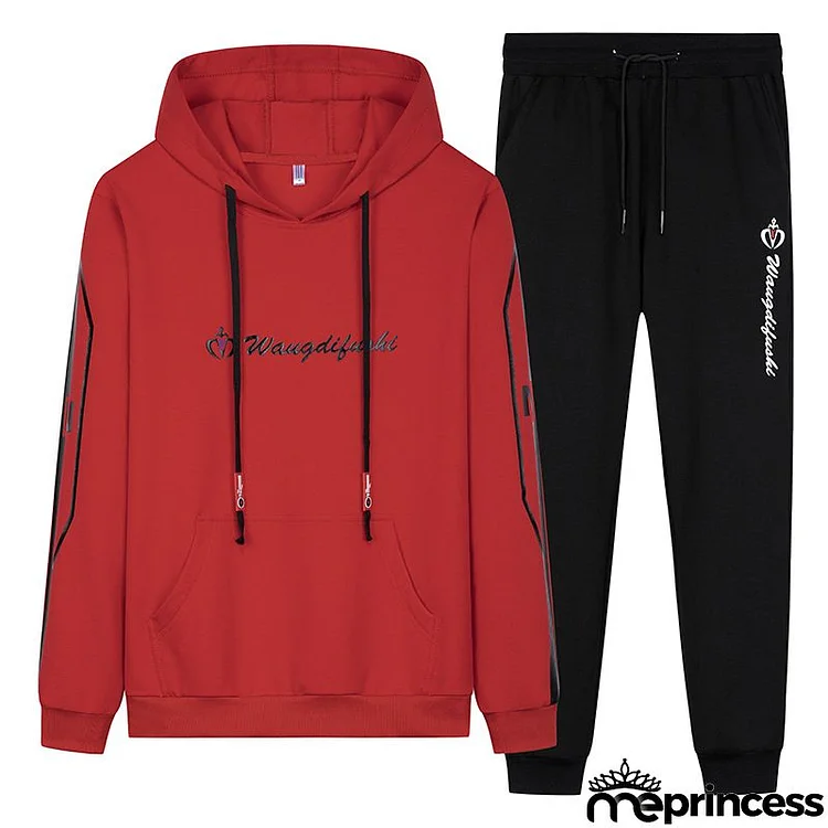Men Plus Size Casual Long Sleeve Hat Rope Pocket Design Letter Printed Hoodie And Drawstring Waist Jogger Pants Two-piece Set