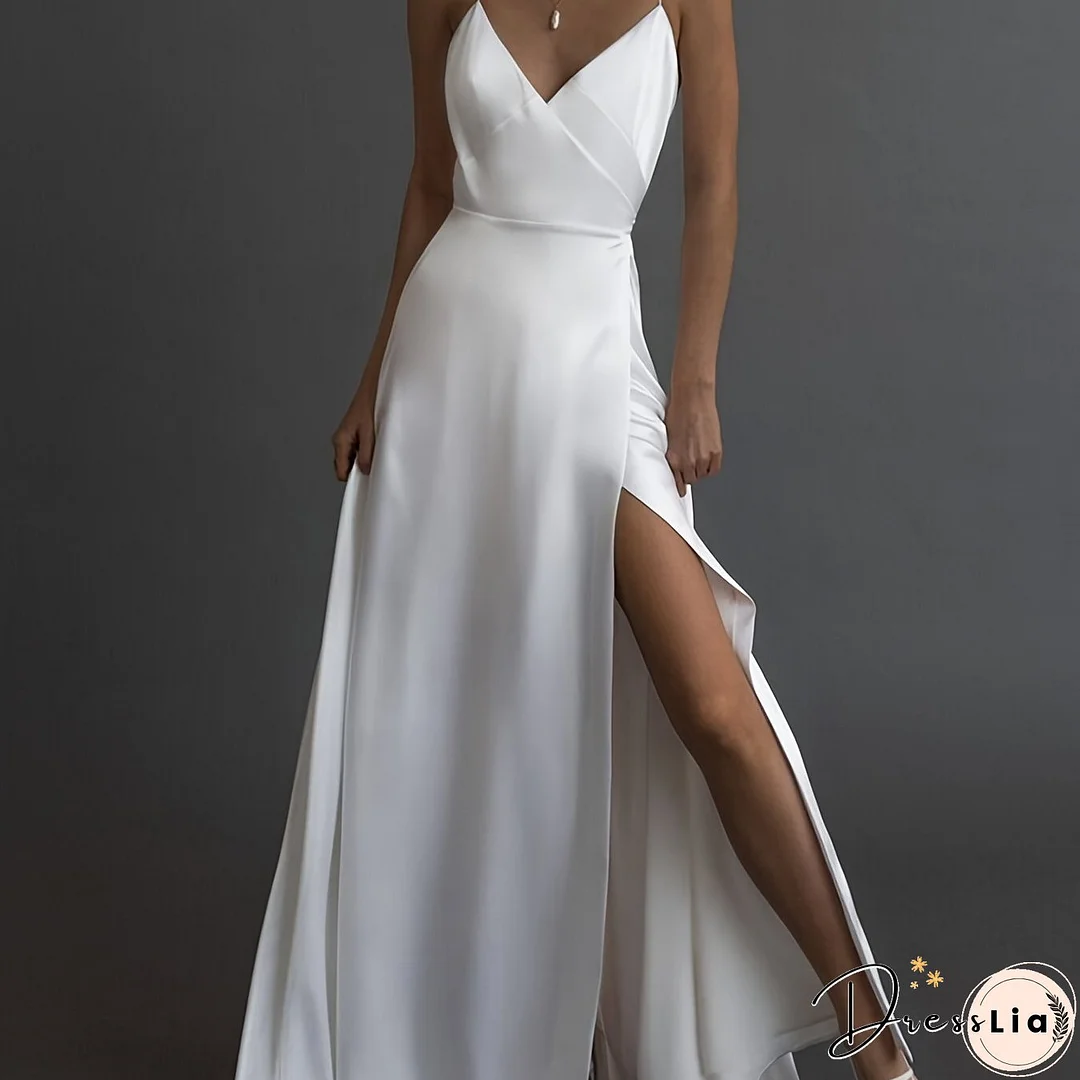 Solid V Neck Suspender Dress, Elegant Sleeveless Split Maxi Dress For Party & Banquet, Women's Clothing