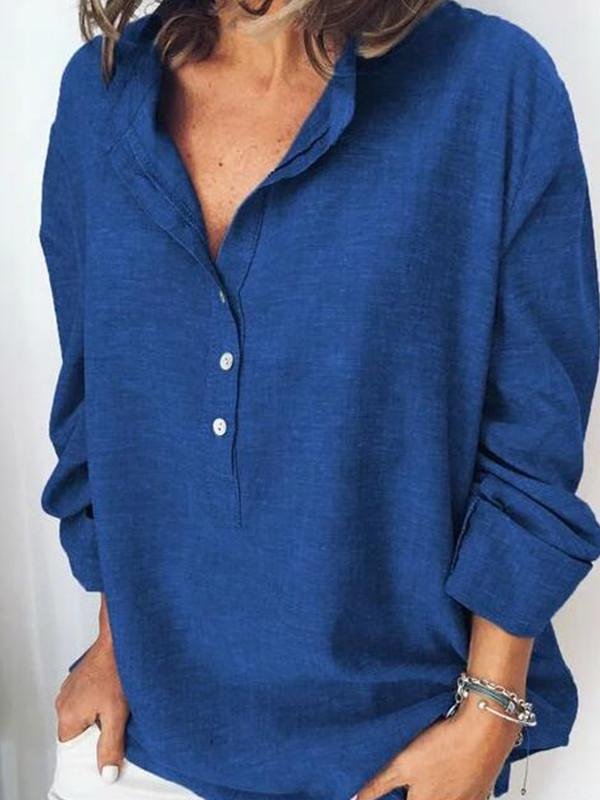 Women's cotton and linen solid color button shirt-Mayoulove