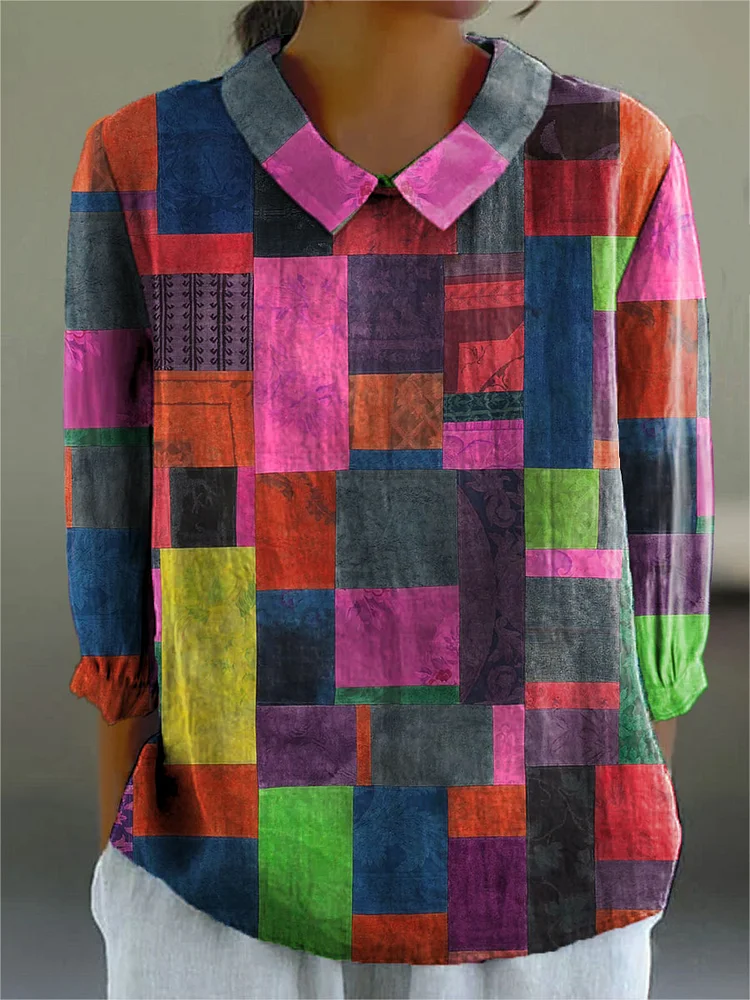 Women's Vintage Color Block Art Print Casual Cotton And Linen 3/4 Sleeve Shirt