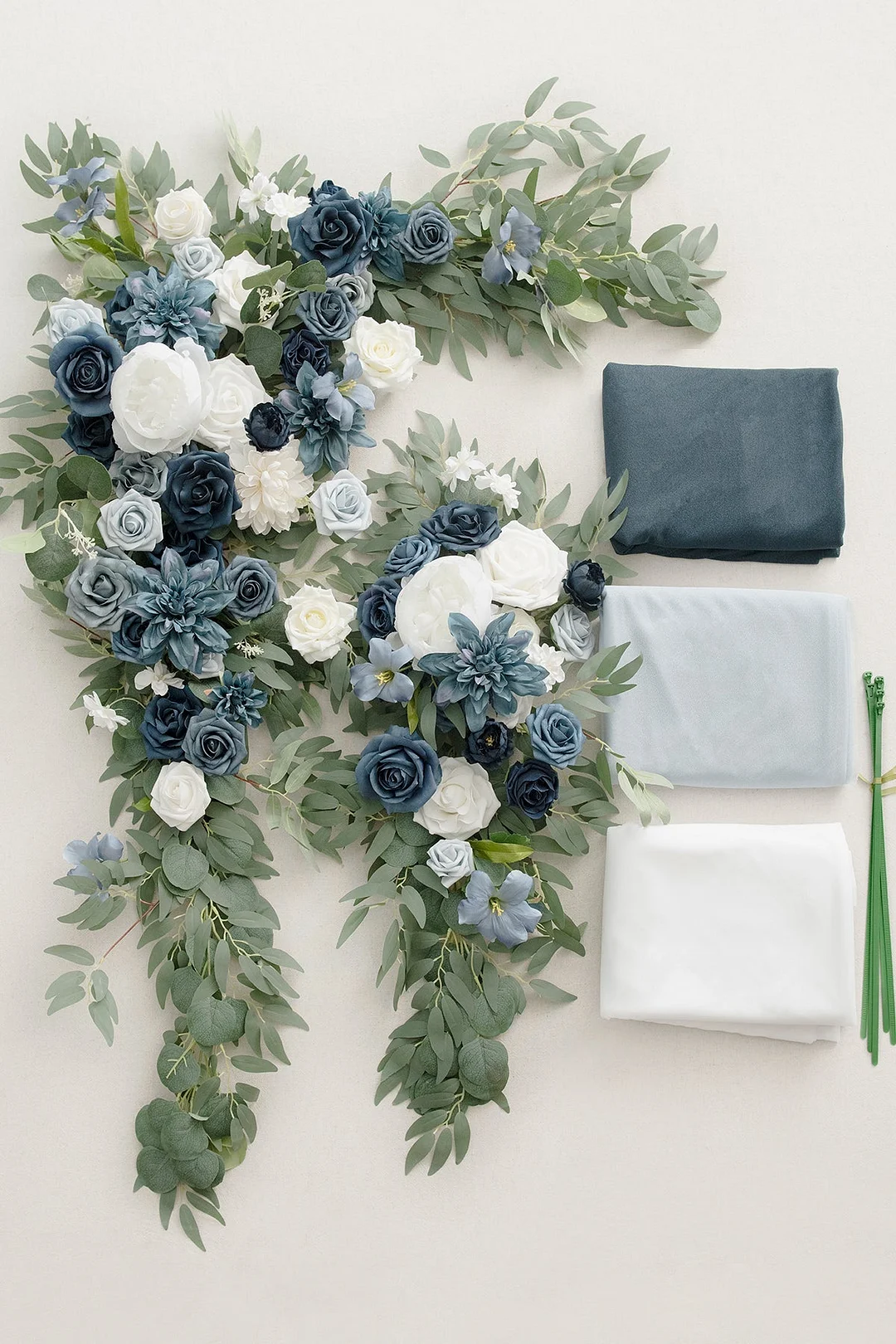 Flower Arch Decor with Drapes in Dusty Blue & Navy