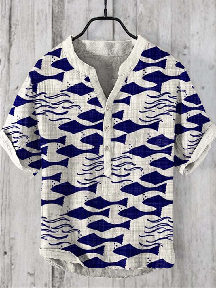 Wave & Fish Pattern Linen Casual V-Neck Shirt