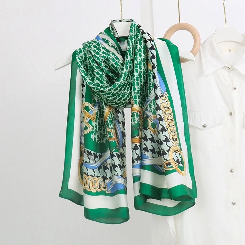 Women’s Fashion Letter Plaid Satin Printing Silk Scarves