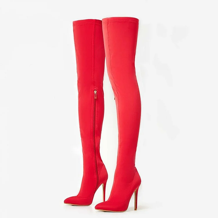 Red Lycra Thigh High Heel Boots Stiletto Heel Boots |FSJ Shoes