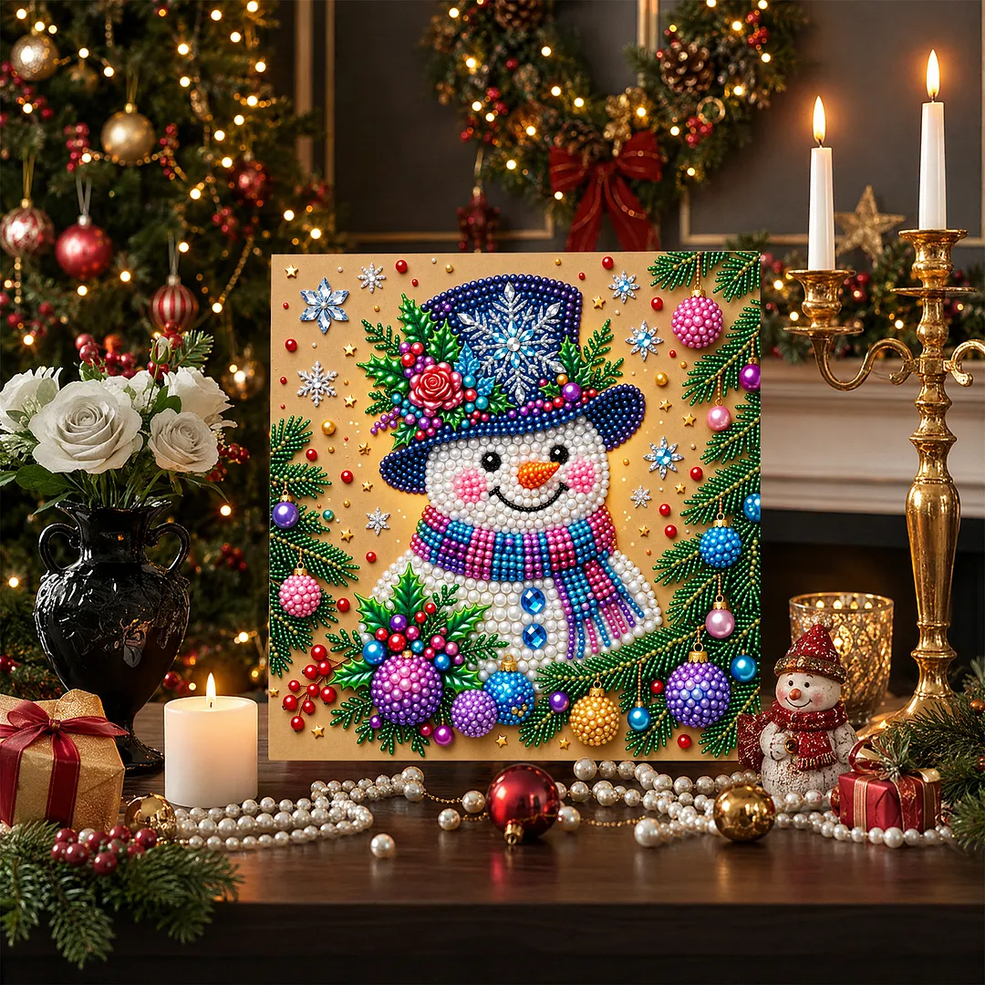 Framed Pearl Painting Kit Snowman with Ornaments 20x20cm