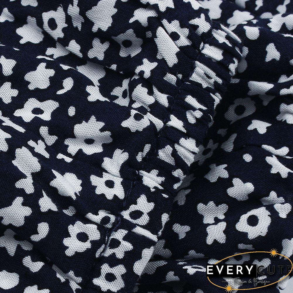 Navy Blue Ruffles Hem Long Sleeve Floral Dress