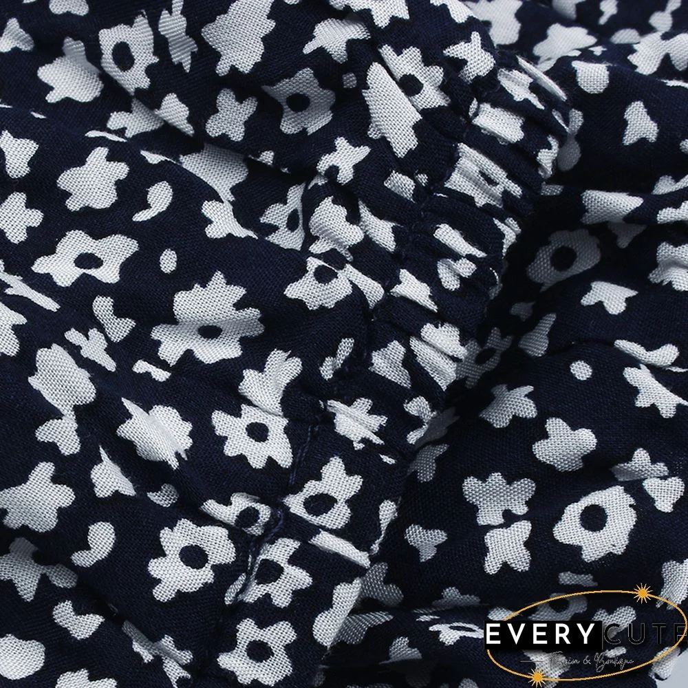 Navy Blue Ruffles Hem Long Sleeve Floral Dress