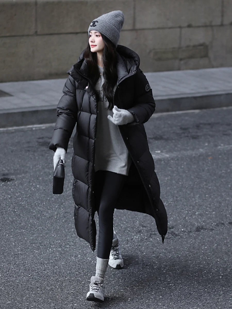 Toloer Cold Resistant Long Length Hooded Down Jacket Female 2024 Winter New Fashion Armband And Thick White Duck Down Matching Coat-Outfit Ideas