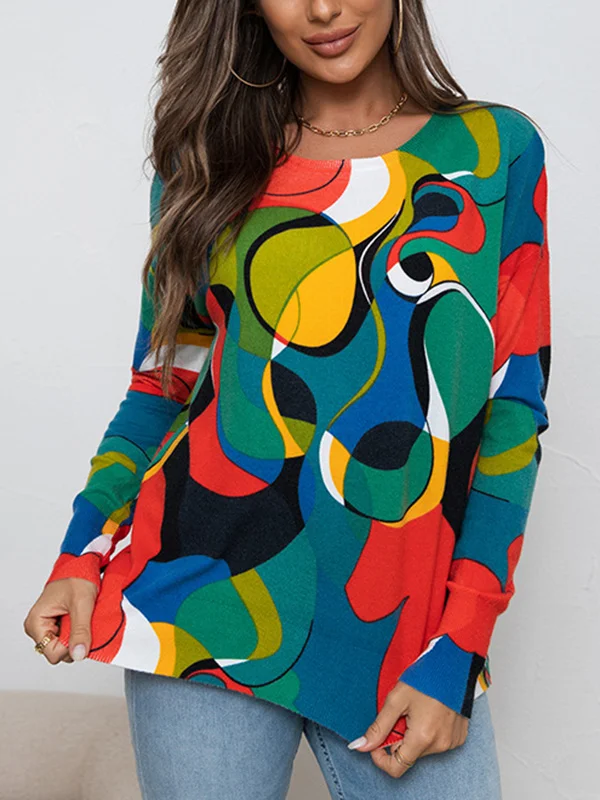 Printed Contrast Color Loose Long Sleeves Round-Neck Sweater Tops Pullovers Knitwear