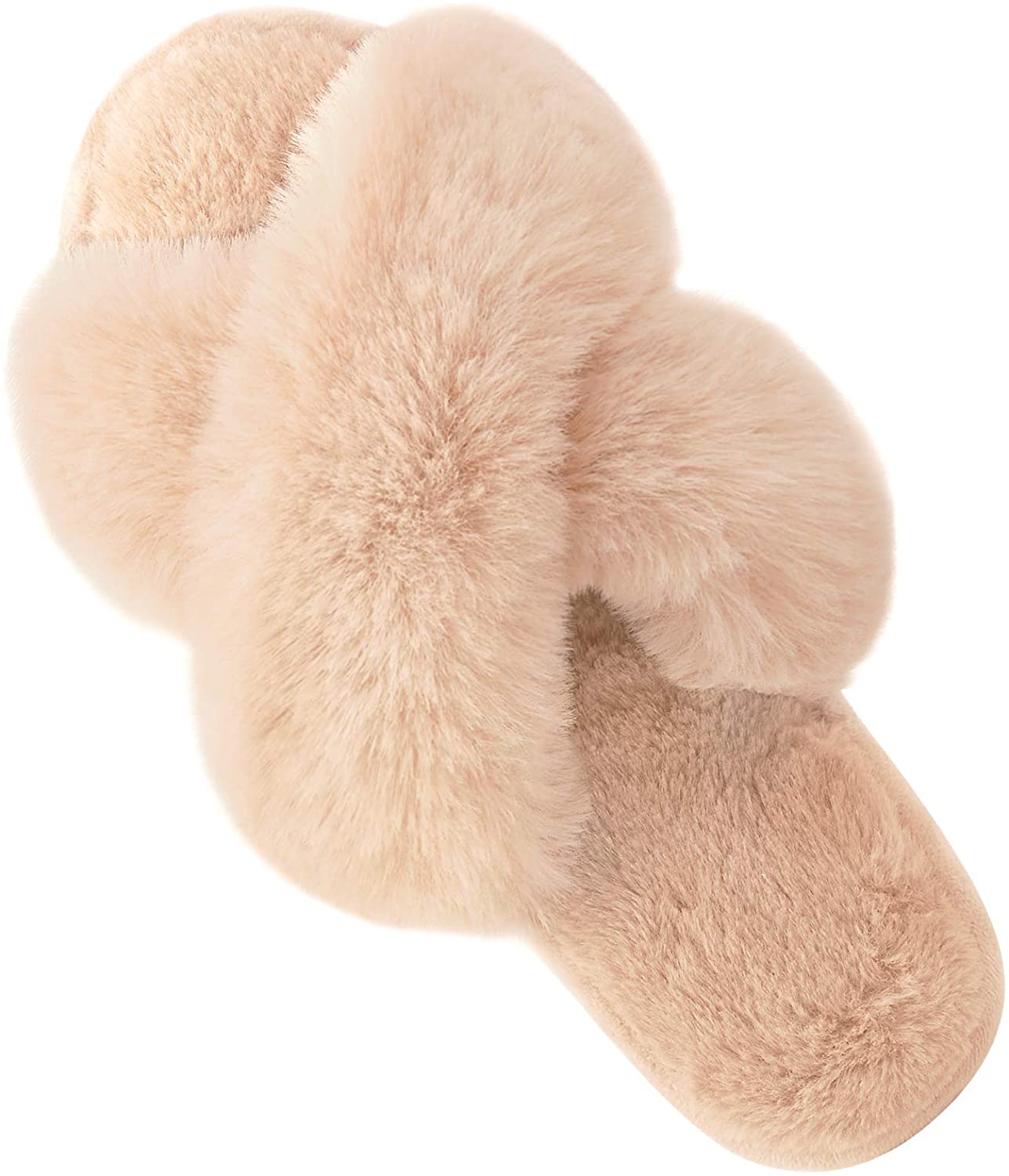 Women's Cross Band Slippers Soft Plush Furry Cozy Open Toe House Shoes Indoor Outdoor Faux Rabbit Fur Warm Comfy Slip On Breathable 