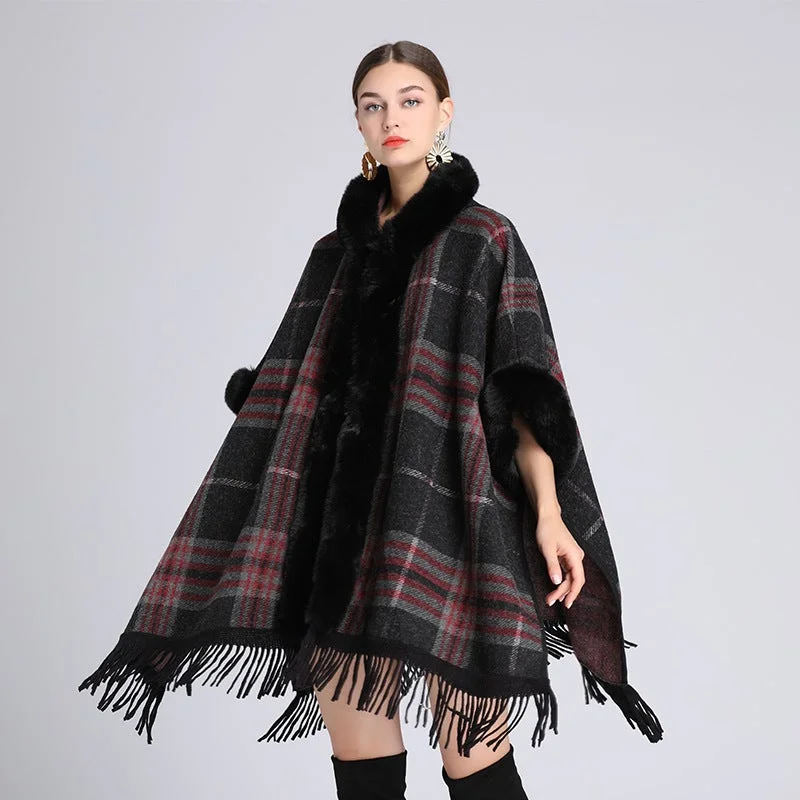 Hooded Shawl Coat With Fur Collar Plaid Coat