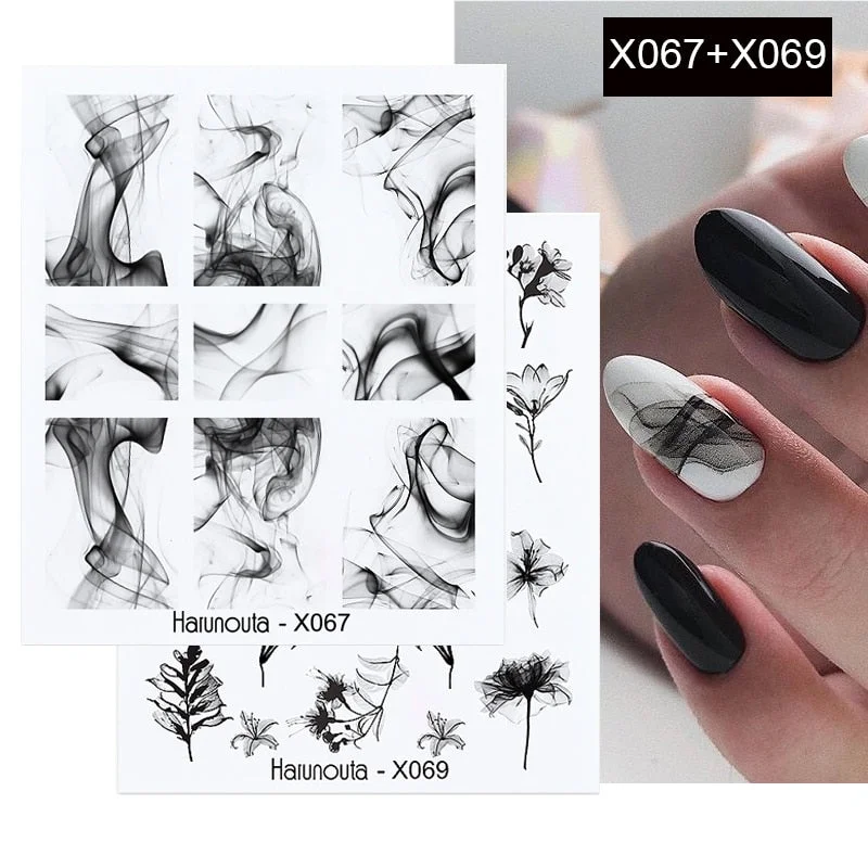 2Pcs/Set Black Ink Painting Blooming Water Decals Fruit Flower Face Pattern Harunouta Spring Summer Nail Art Stickers Decoration