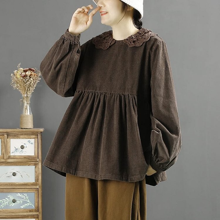 Autumn Winter Loose Corduroy Lace Patchwork Sweater