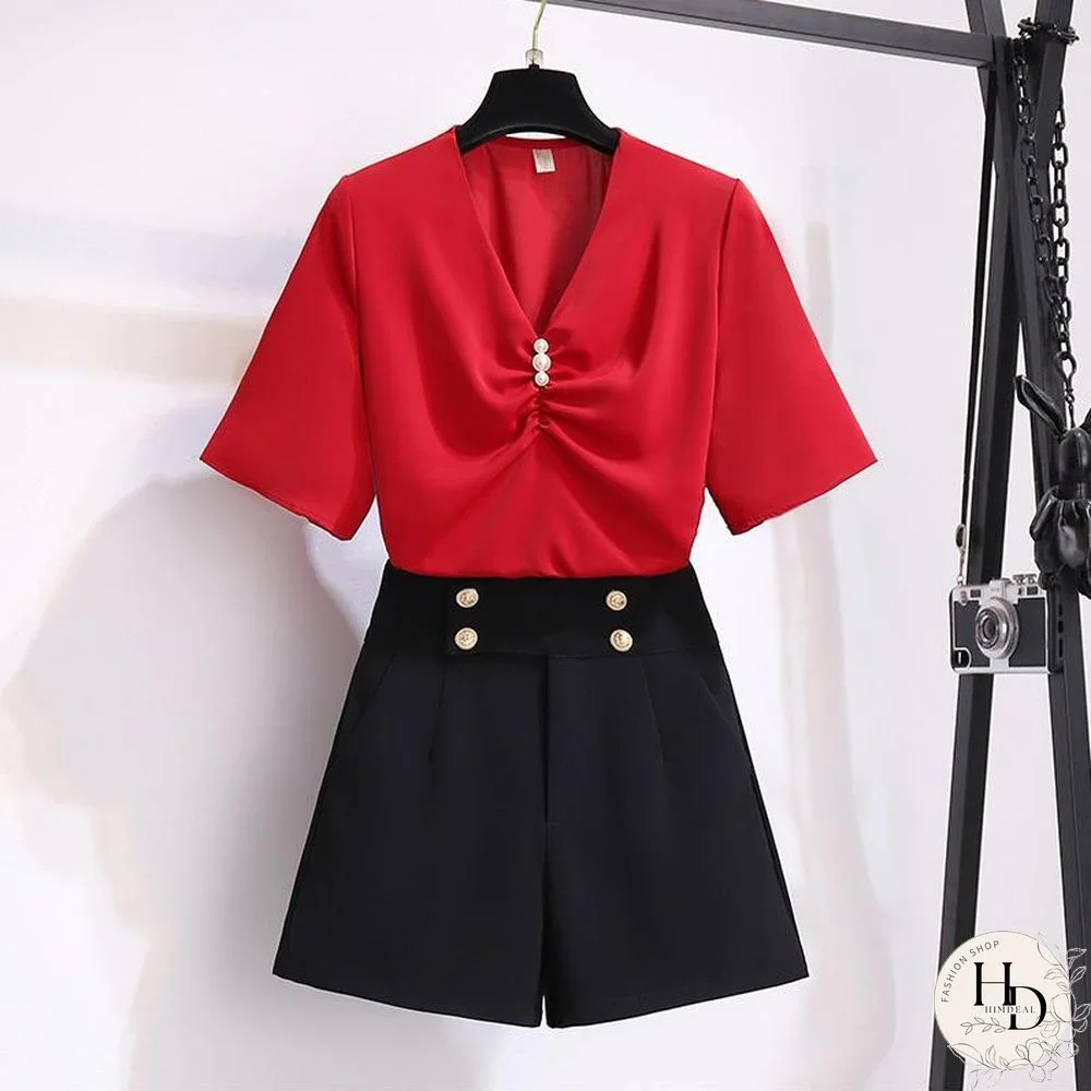 Chic V-Collar Tee+Button Shorts P10770