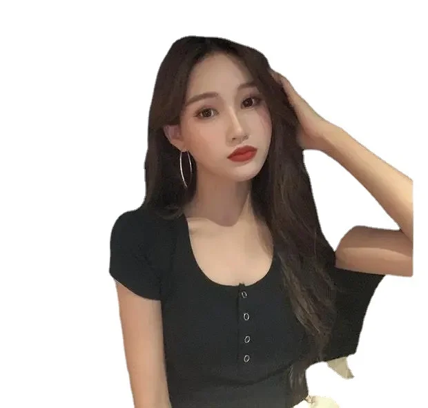 Brownm Brownm Summer New Slim Short Round Collar High Waist Show Thin Heart Machine Crop Cord Short-Sleeved T-Shirt Women's Jacket Ins Tide