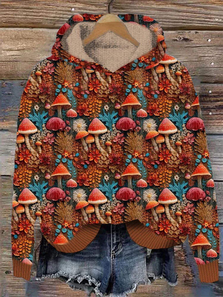 VChics Forest Mushroom Print Pullover Cozy Sweater