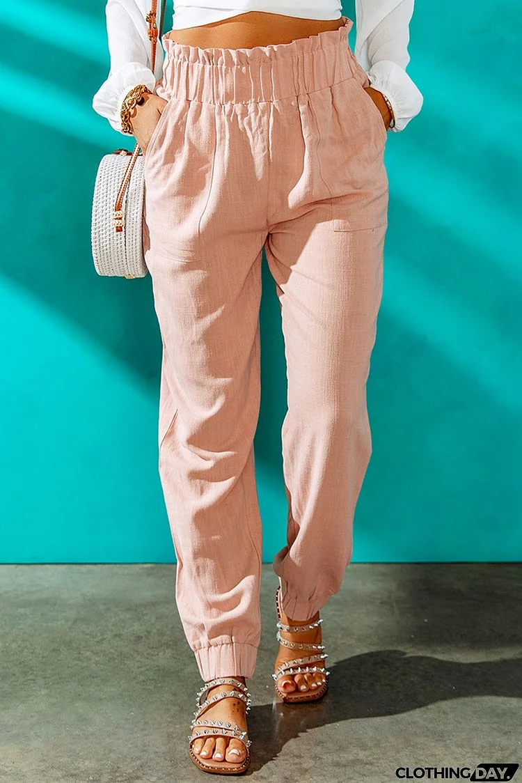 Ruffled Elastic Waistband High Waist Pants