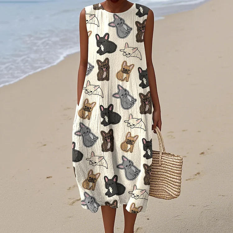 Retro Cute French Bulldog Art Linen Tank Midi Dress