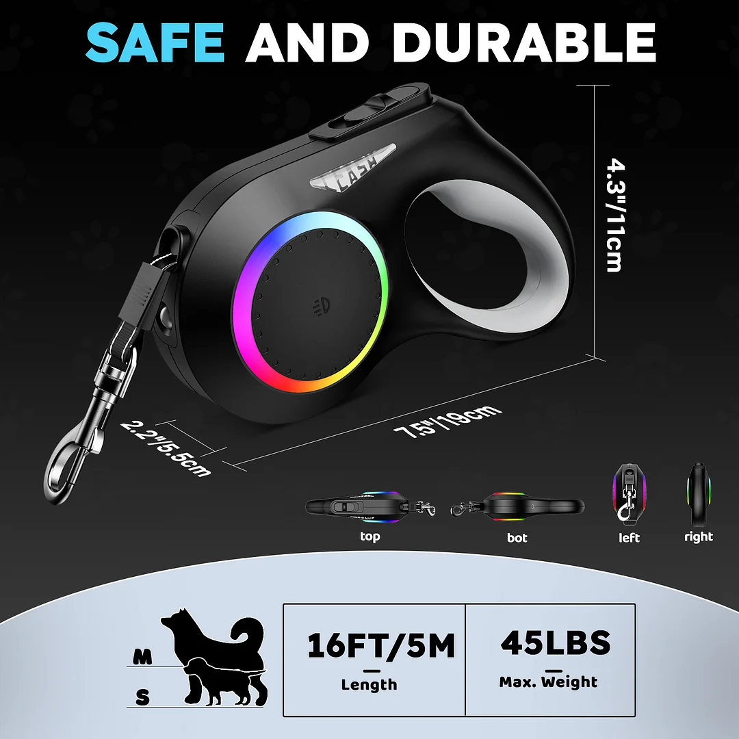 Retractable Dog Leash, 16ft Retractable Leash with Rechargeable LED Light - Tangle Free, Anti Slip Handle, Nylon Tape, One Button Brake & Lock