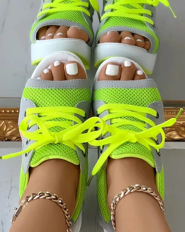 Contrast Paneled Cutout Lace-up Muffin Sandals Open Toe Wedge Sandals