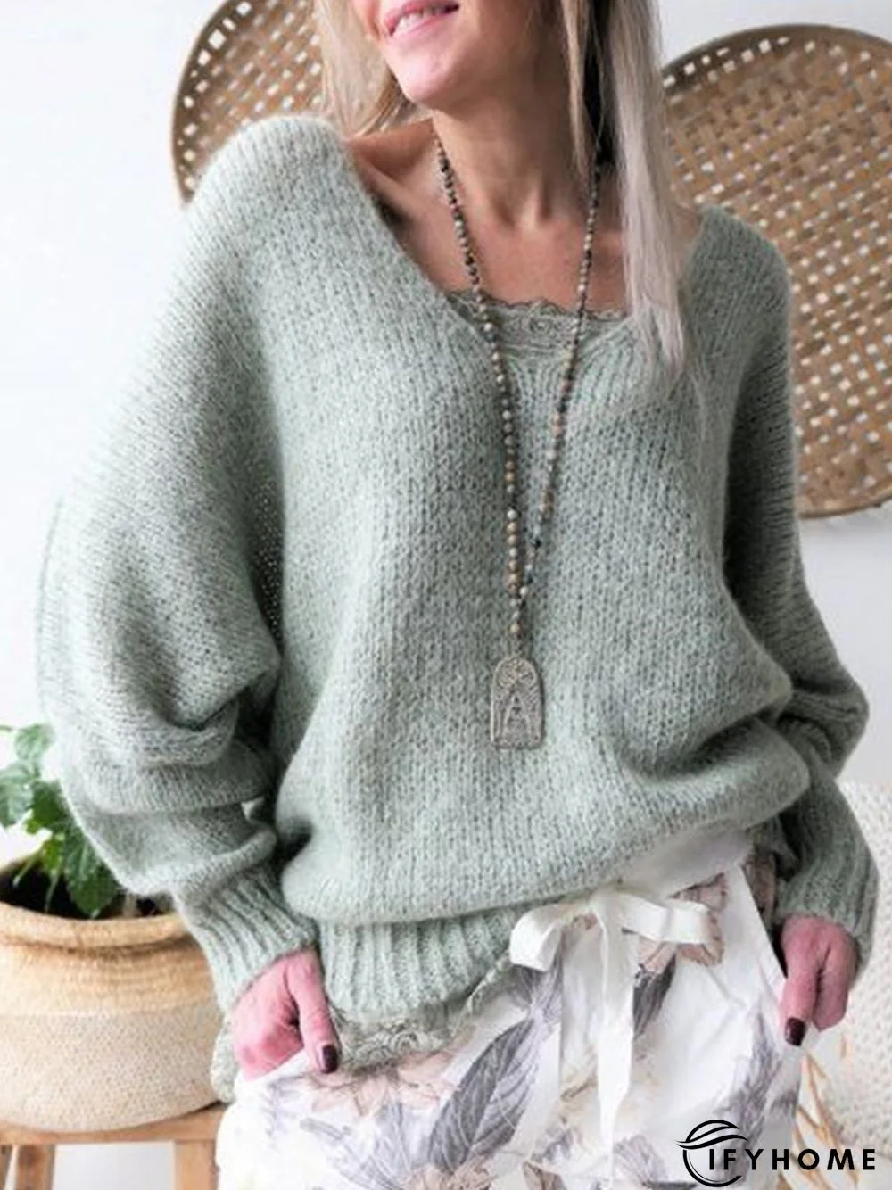 Casual Solid V Neck Long Sleeve Sweater | IFYHOME