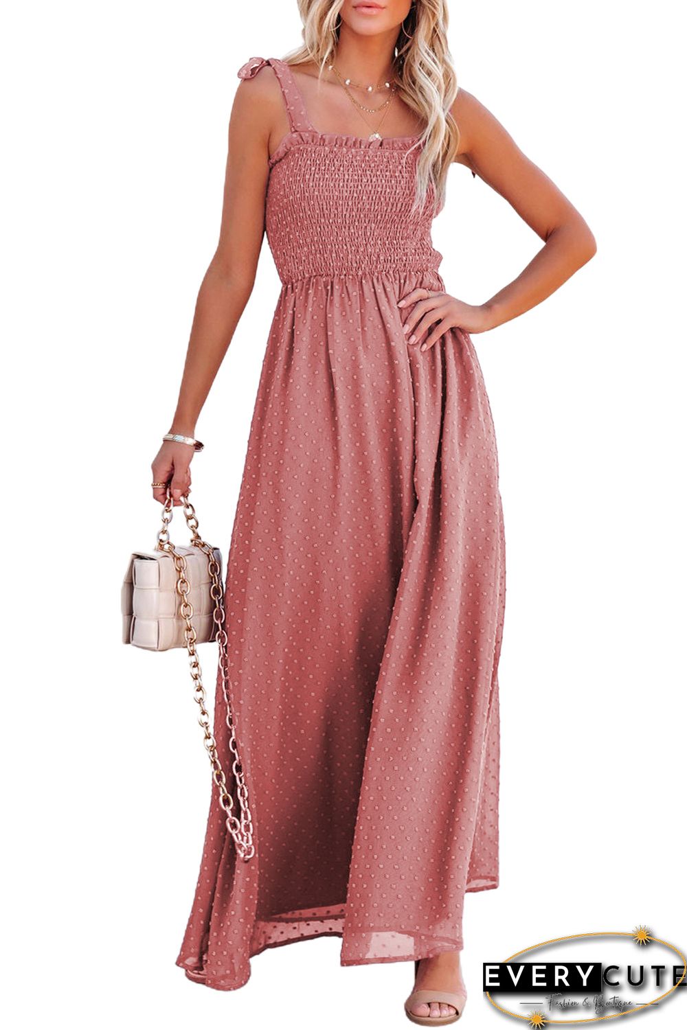 Red Smocked Swiss Dot Maxi Dress